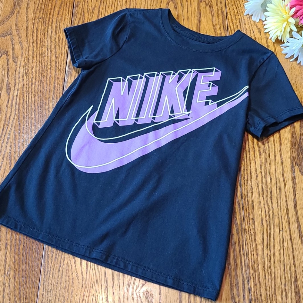 Nike Kids' Black T-Shirt with Purple Logo